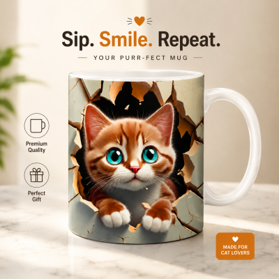 Cute Cat Ceramic Mug – Premium Wraparound Design Coffee Mug for Cat Lovers, Microwave & Dishwasher Safe